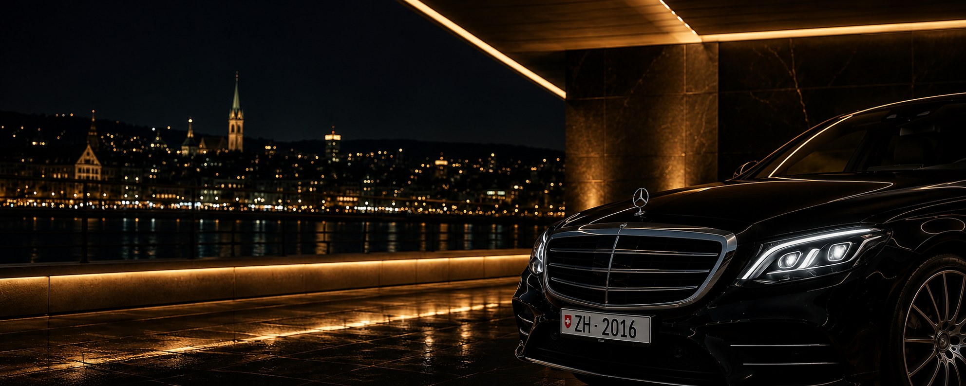 MS Taxi Limousine vor Zürcher Skyline bei Nacht